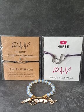 Nurse Stethoscope Charm Bracelet and Cord Jewelry Set - Blue